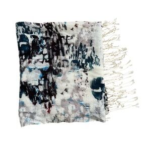 Pashmina 100% Wool Watercolour Scarf Wrap Shawl Blue Cream Burgundy Fringe Light